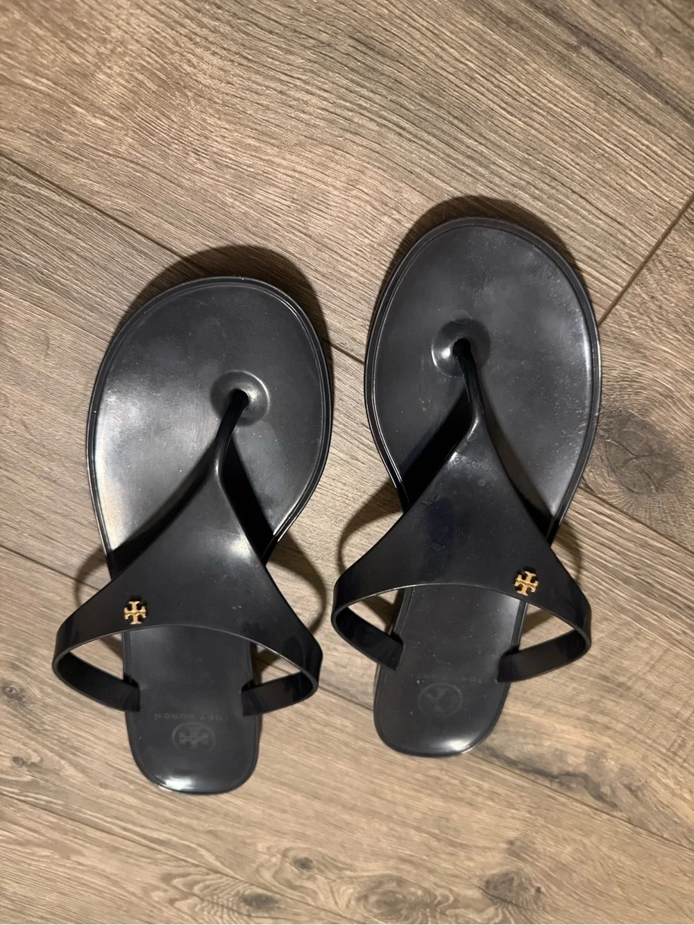 Tory Burch Navy Jelly Logo Thong Sandals with Gold Emblem